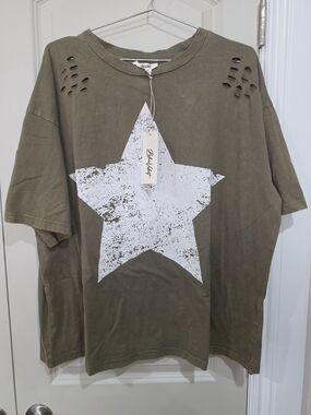 Blue Velvet Olive Green Star Distressed Tee S NWT